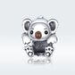 Sterling silver baby koala charm bead with brown face, paws, and heart motifs