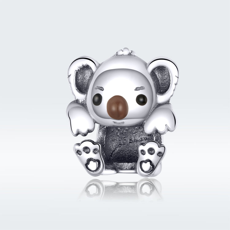 Sterling silver baby koala charm bead with brown face, paws, and heart motifs