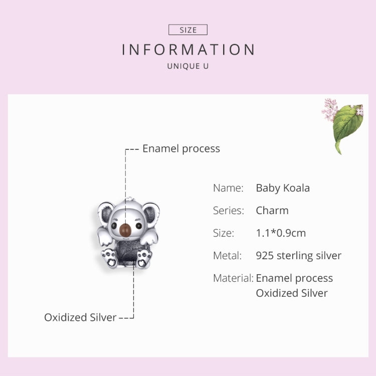 Baby koala charm bead in silver with brown enamel face and small paw details