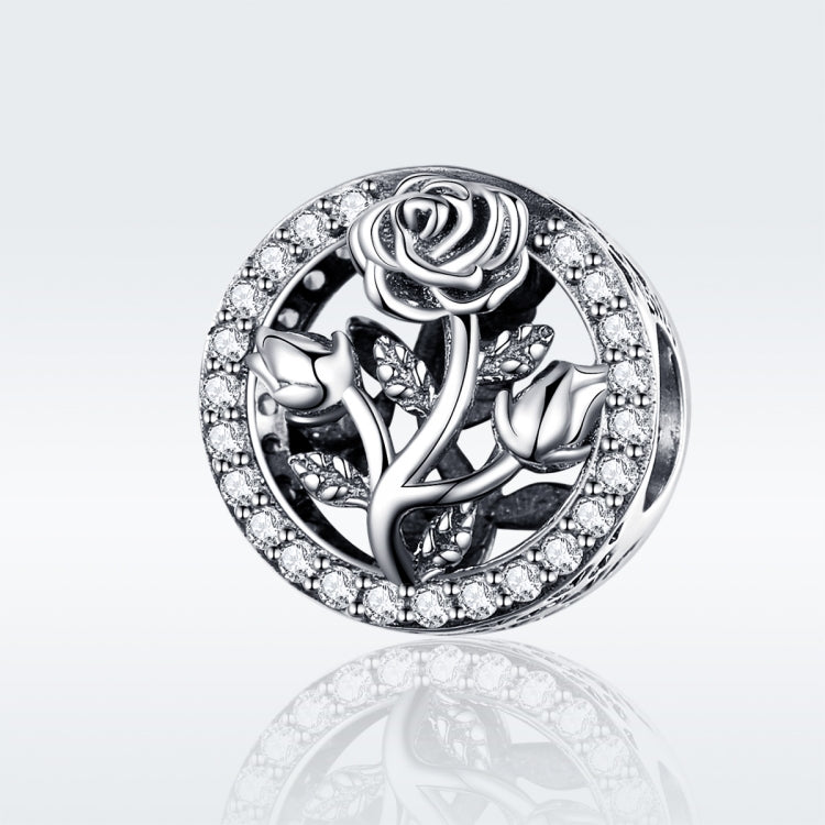 Sterling silver rose flower charm bead with crystal halo