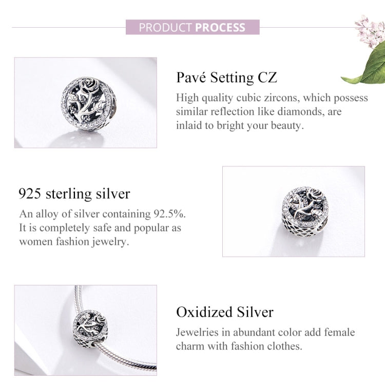 Sterling silver rose flower bead charm bracelet with pavé CZ and oxidized finish