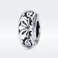 Sterling silver flower-pattern charm bead with oxidized swirls, glossy hollow design