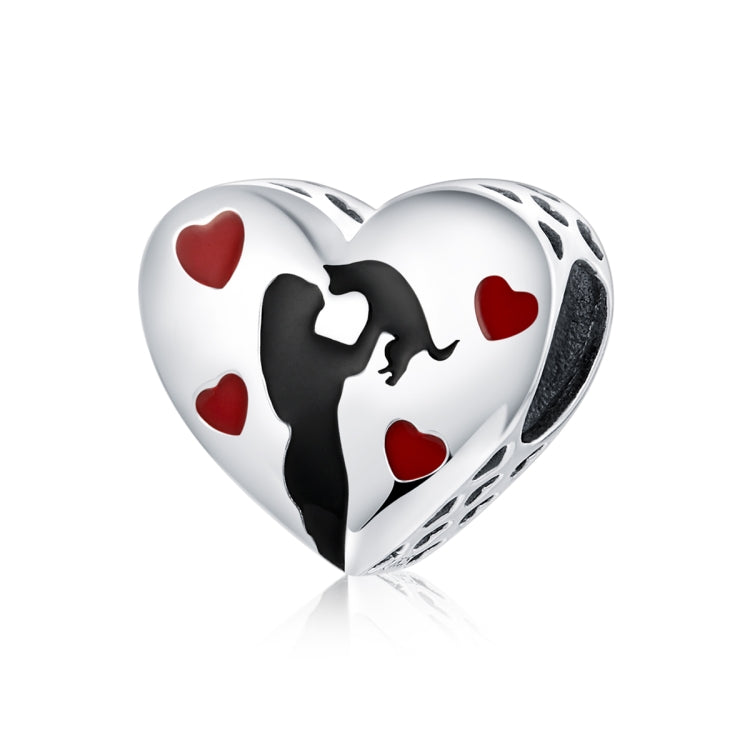 Heart-shaped sterling silver charm pendant with black silhouette and red heart enamel