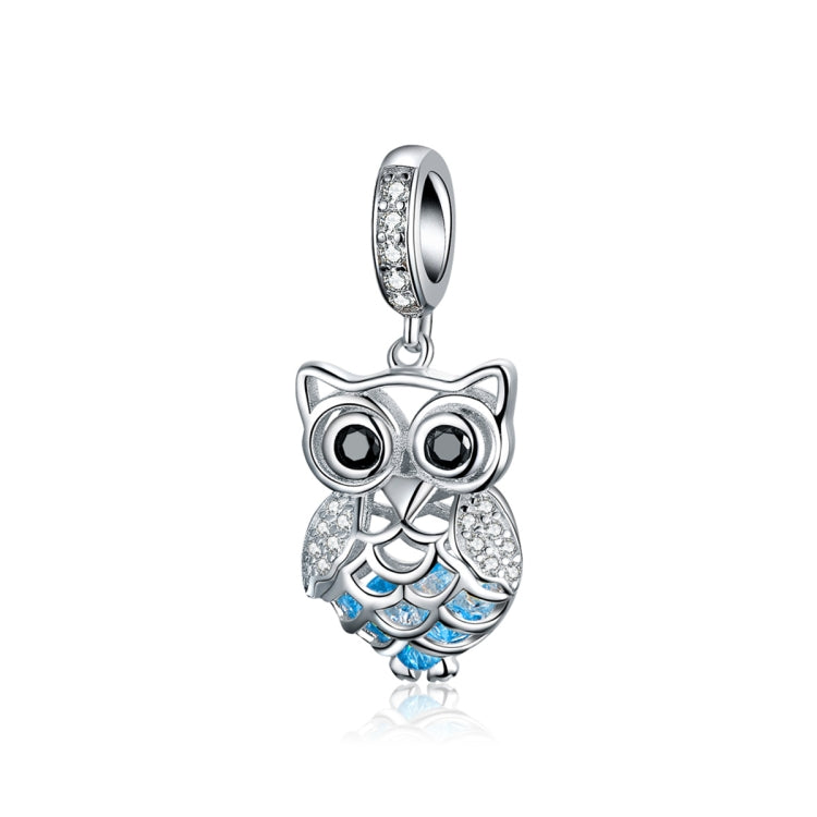 Movable owl charm pendant in sterling silver with blue enamel and rhinestone details