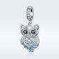 Sterling silver owl pendant charm with blue enamel wings and sparkling rhinestone eyes
