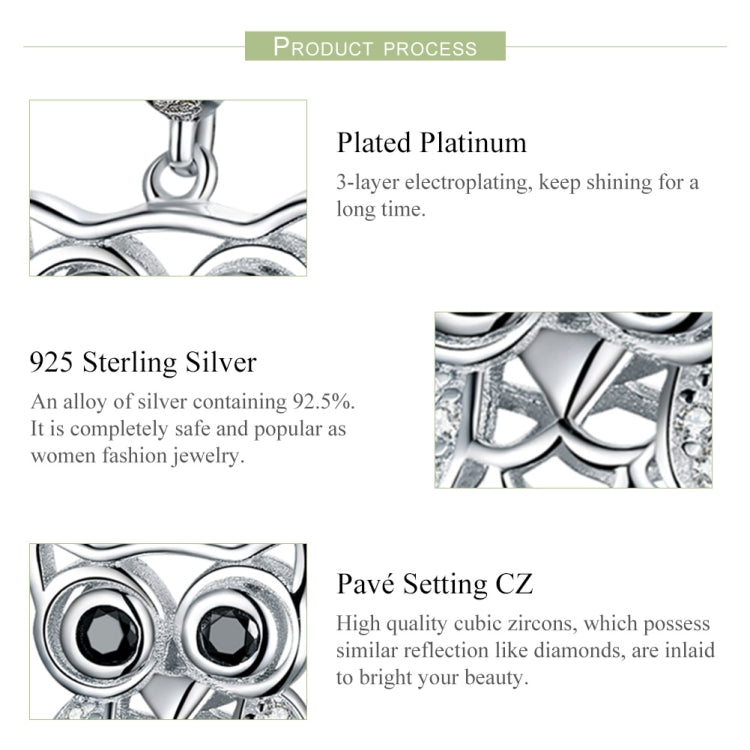 Close-up view of sterling silver owl pendant engraving with pave CZ detail and clasp