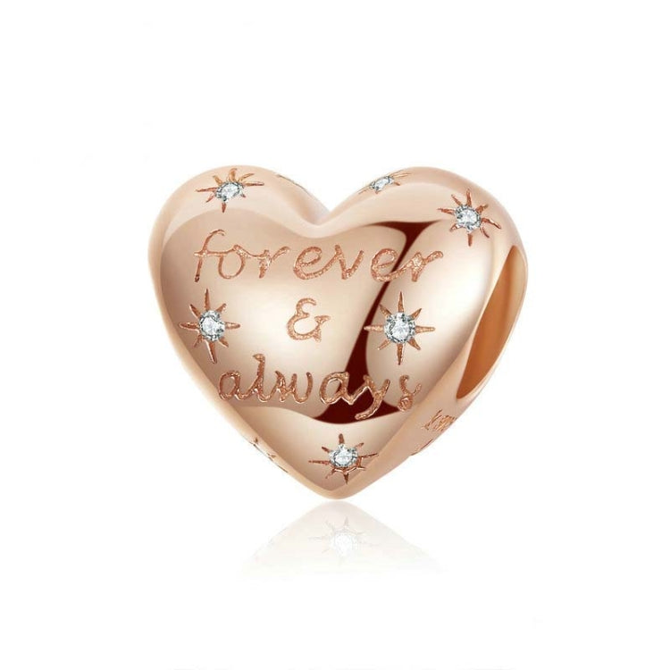 Rose gold heart charm bead with 'Forever & always' lettering and CZ star details
