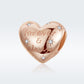 Rose gold heart charm bead showing 'Forever & always' script with CZ star accents