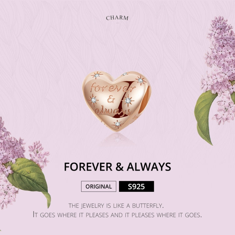 Rose gold heart charm bead with 'Forever & always' script and sparkling CZ star clusters