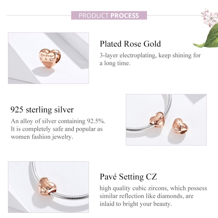 Rose gold heart-shaped sterling silver bead on a bracelet, shown in three views