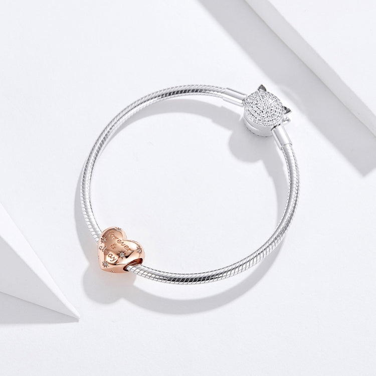 Silver snake bracelet with a silver CZ heart charm and a rose gold 'Forever & always' bead