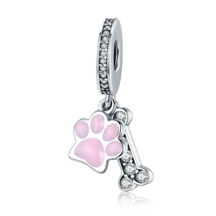 Sterling silver dog paw charm bead with pink enamel and clear CZ accents