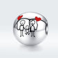 Sterling silver family charm bead with black family silhouettes and red enamel hearts