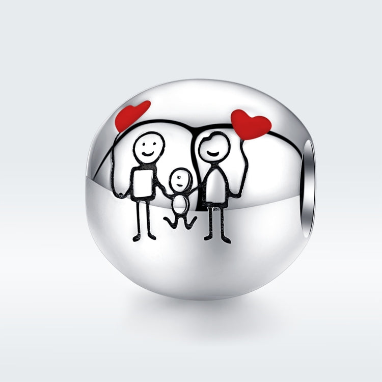 Sterling silver family charm bead with black family silhouettes and red enamel hearts