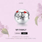 Sterling silver “My Family” charm bead with black figures and red enamel heart accents