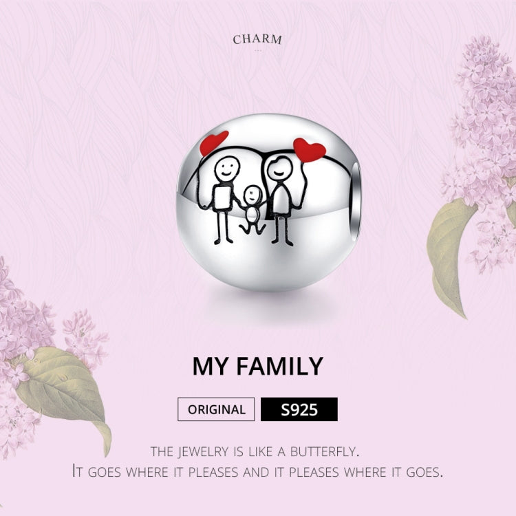 Sterling silver “My Family” charm bead with black figures and red enamel heart accents