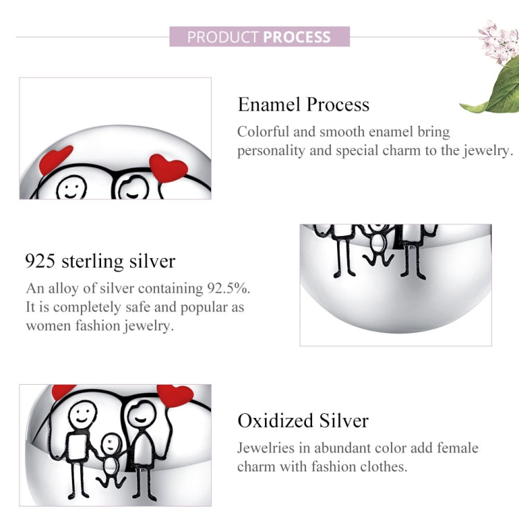 Sterling silver family charm bead close-up with red enamel hearts and black family figures