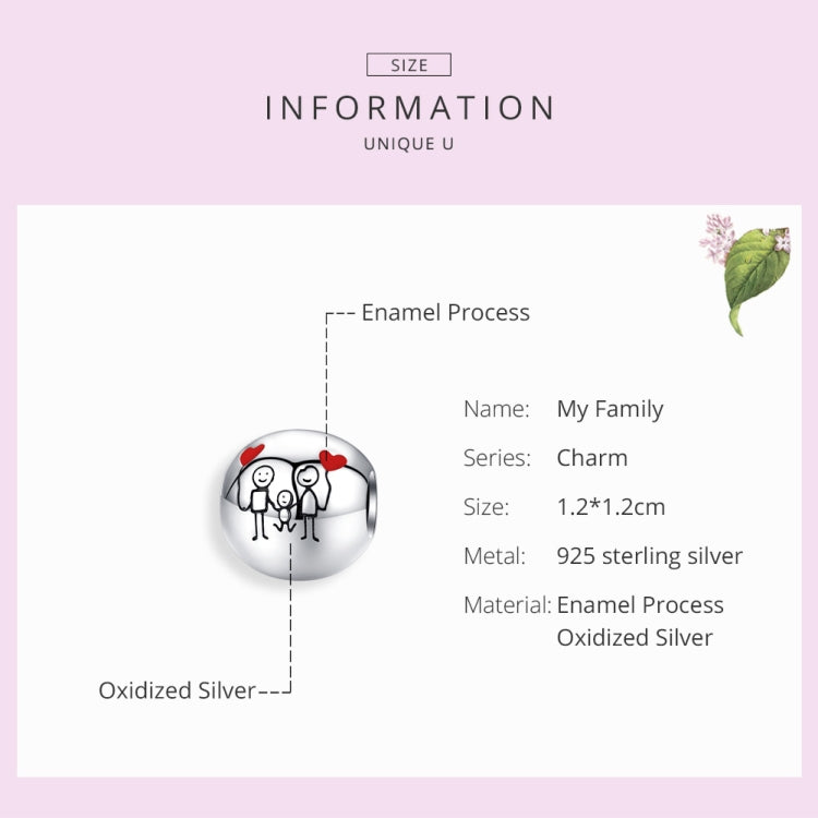 Sterling silver charm bead diagram: My Family with black enamel figures and red hearts