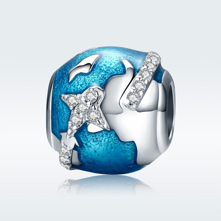 S925 sterling silver globe bead charm with blue enamel, crystal star and airplane accents