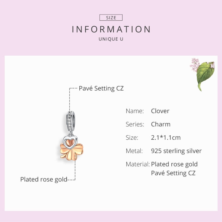 Clover charm infographic showing rose-gold plated petals and pave CZ heart detail