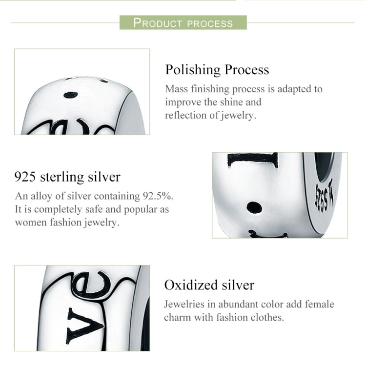 Sterling silver heart charm bead close-up with “love you” engraving
