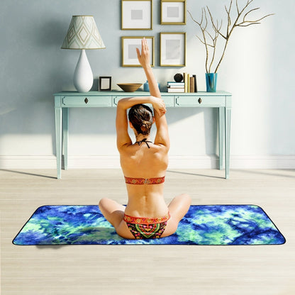Microfiber non-slip yoga mat towel with blue-purple tie-dye pattern on the floor