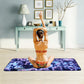 Microfiber non-slip yoga mat towel with blue-purple tie-dye pattern during stretching