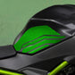 Green carbon-fiber style fuel tank side decoration sticker on Kawasaki Z650 tank