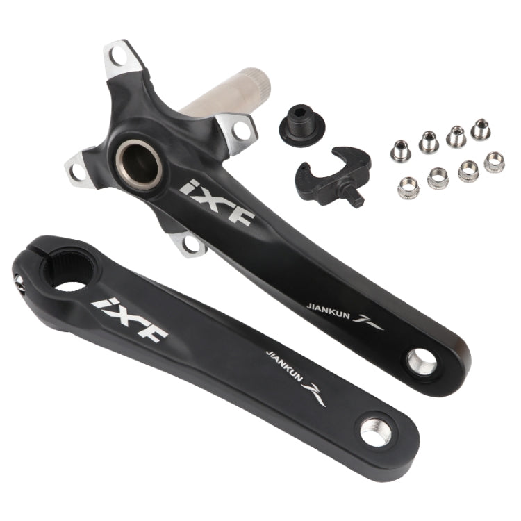 Black hollow mountain bike crankset with left and right cranks and mounting hardware