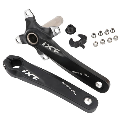 Black hollow mountain bike crankset with left and right cranks and mounting hardware