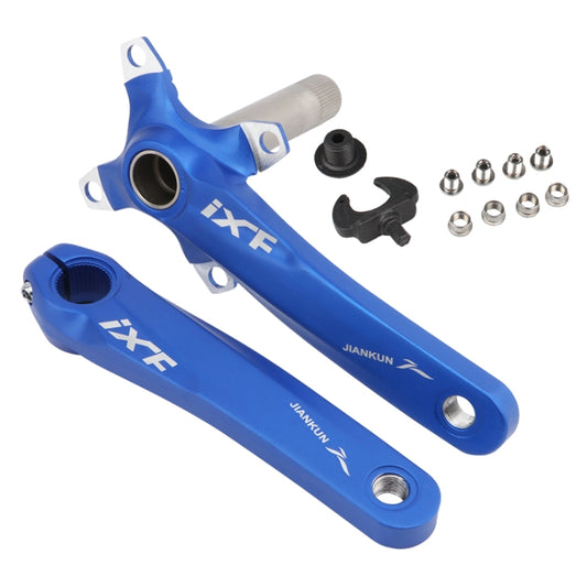 Blue hollow mountain bike crankset with left and right cranks and mounting hardware