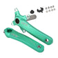 Green hollow mountain bike crankset with left and right cranks and mounting hardware