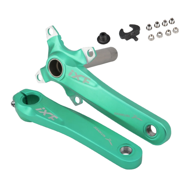 Green hollow mountain bike crankset with left and right cranks and mounting hardware