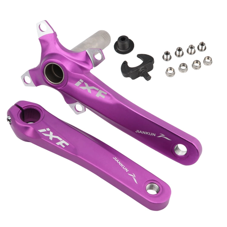 Purple hollow mountain bike crankset with left and right cranks and mounting hardware