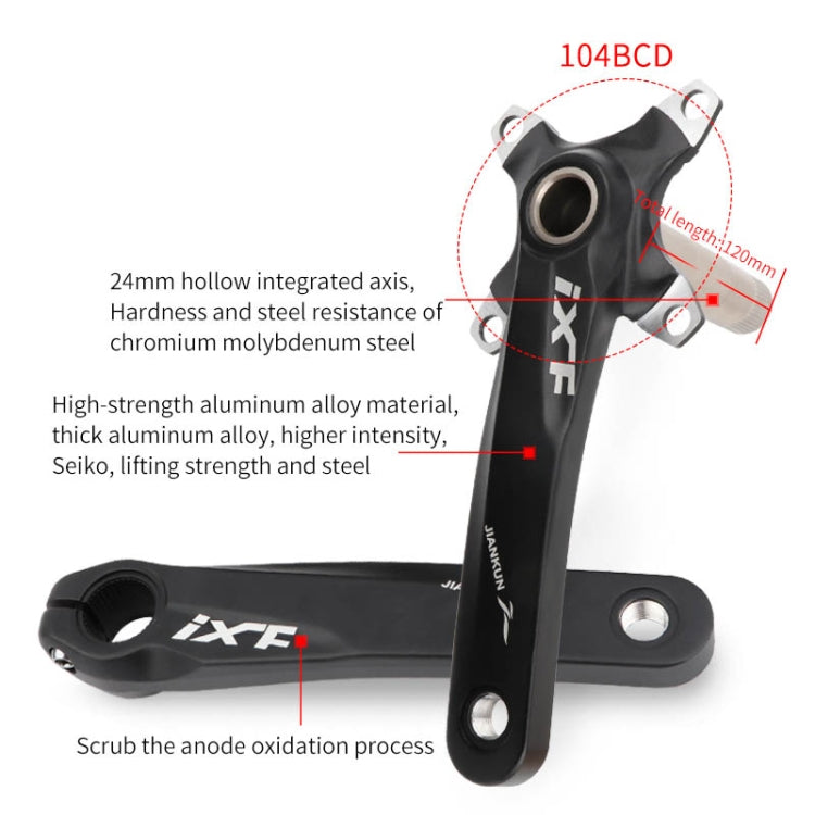 Black hollow mountain bike crankset with 104 BCD chainring mount and axle