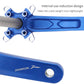 Blue hollow mountain bike crankset with chainring and left crank arm detail