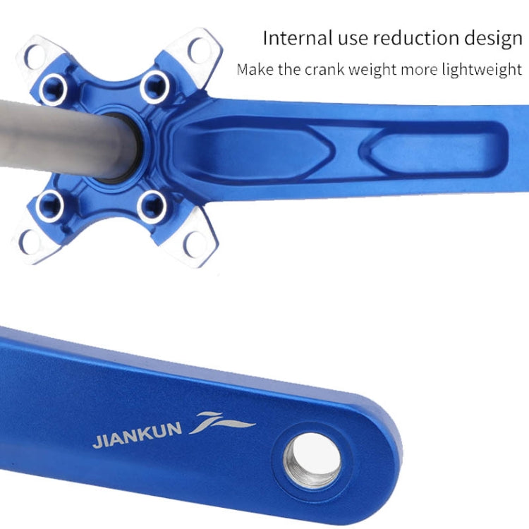Blue hollow mountain bike crankset with chainring and left crank arm detail