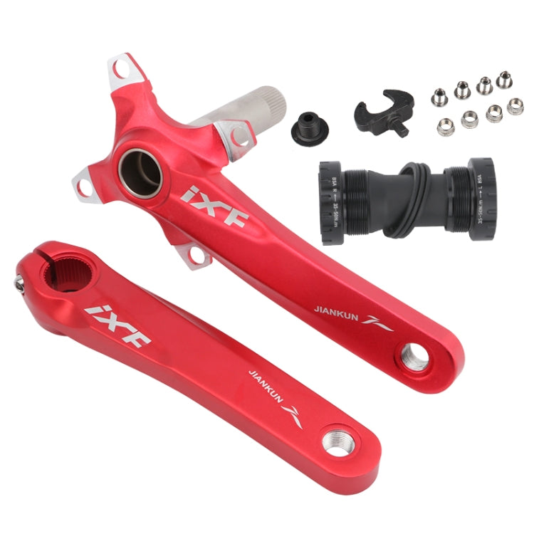 Red hollow mountain bike crankset with bottom bracket and left and right cranks