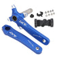 Blue hollow mountain bike crankset with bottom bracket, left and right arms