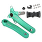Green hollow mountain bike crankset with bottom bracket, left and right arms