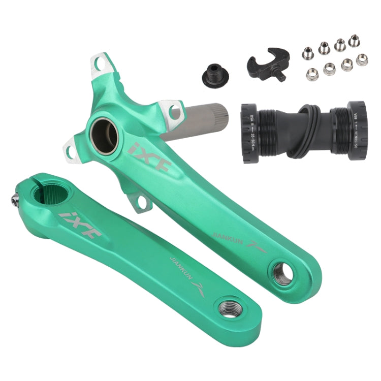 Green hollow mountain bike crankset with bottom bracket, left and right arms