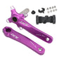 Purple hollow mountain bike crankset with bottom bracket, left and right arms