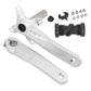 Silver hollow mountain bike crankset with bottom bracket, left and right arms