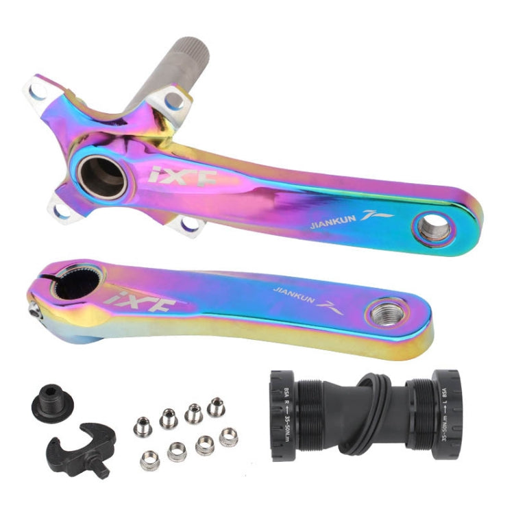 Iridescent hollow mountain bike crankset with bottom bracket, left and right arms