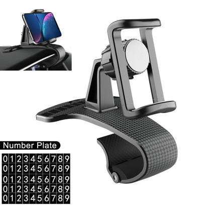 Car phone holder bracket with number plate, black carbon-fiber base and spring clip