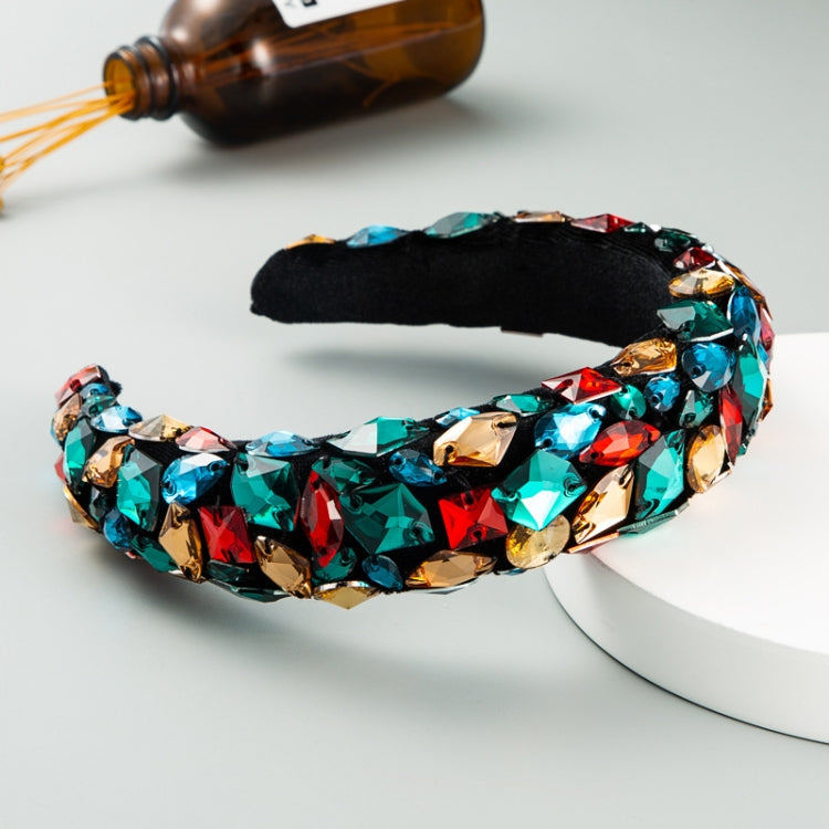 Wide headband with multicolor rhinestones and black velvet backing