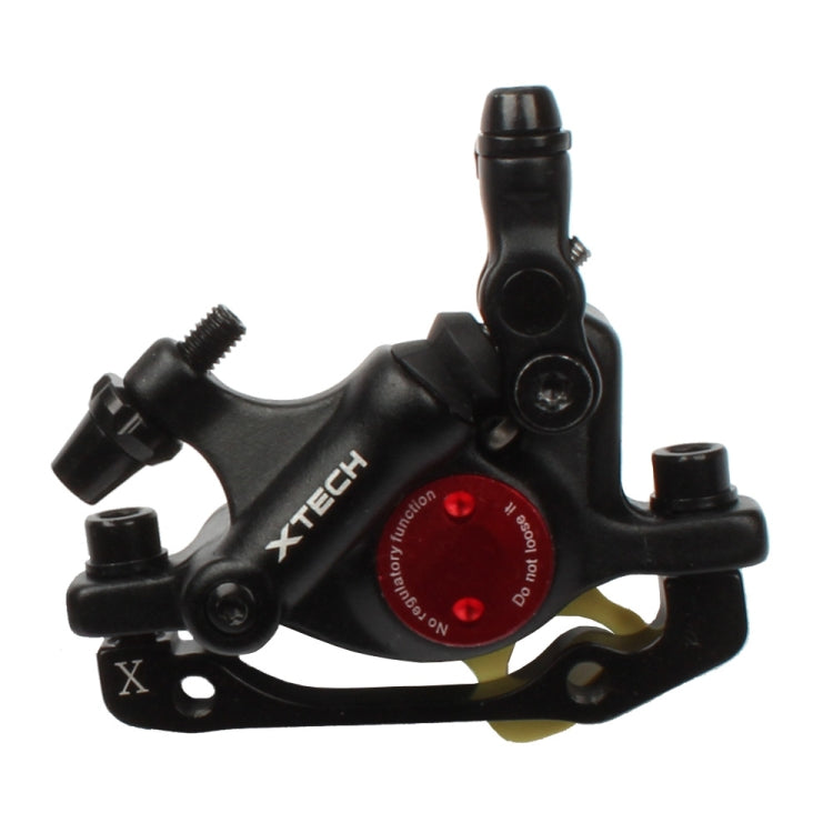 Black hydraulic disc brake caliper for mountain bike, front/rear, with red regulator dial