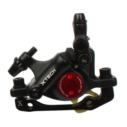 Black hydraulic disc brake caliper for mountain bike, front/rear, with red regulator dial