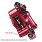 Red hydraulic disc brake caliper close-up showing brake mount slots