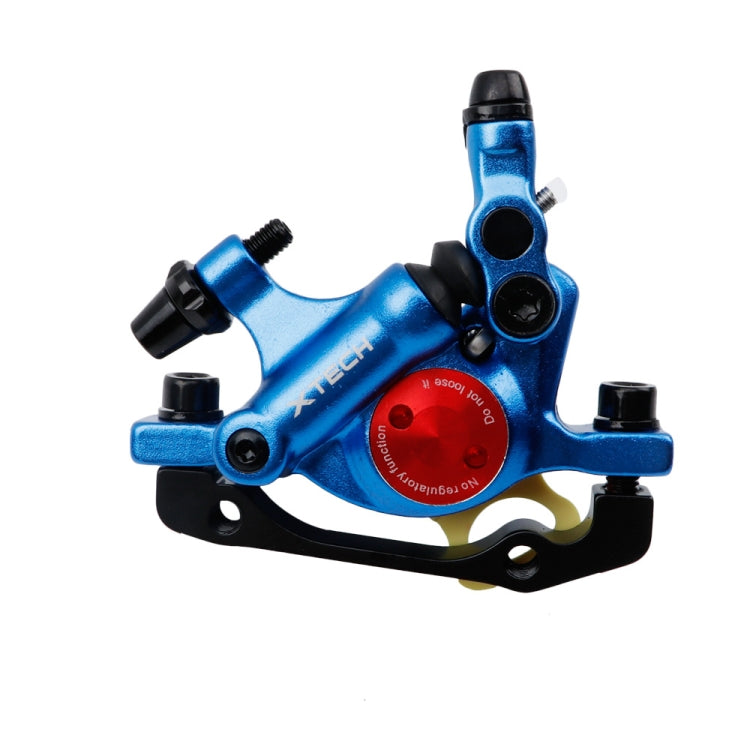 Blue hydraulic disc brake caliper with mounting bracket and hose port